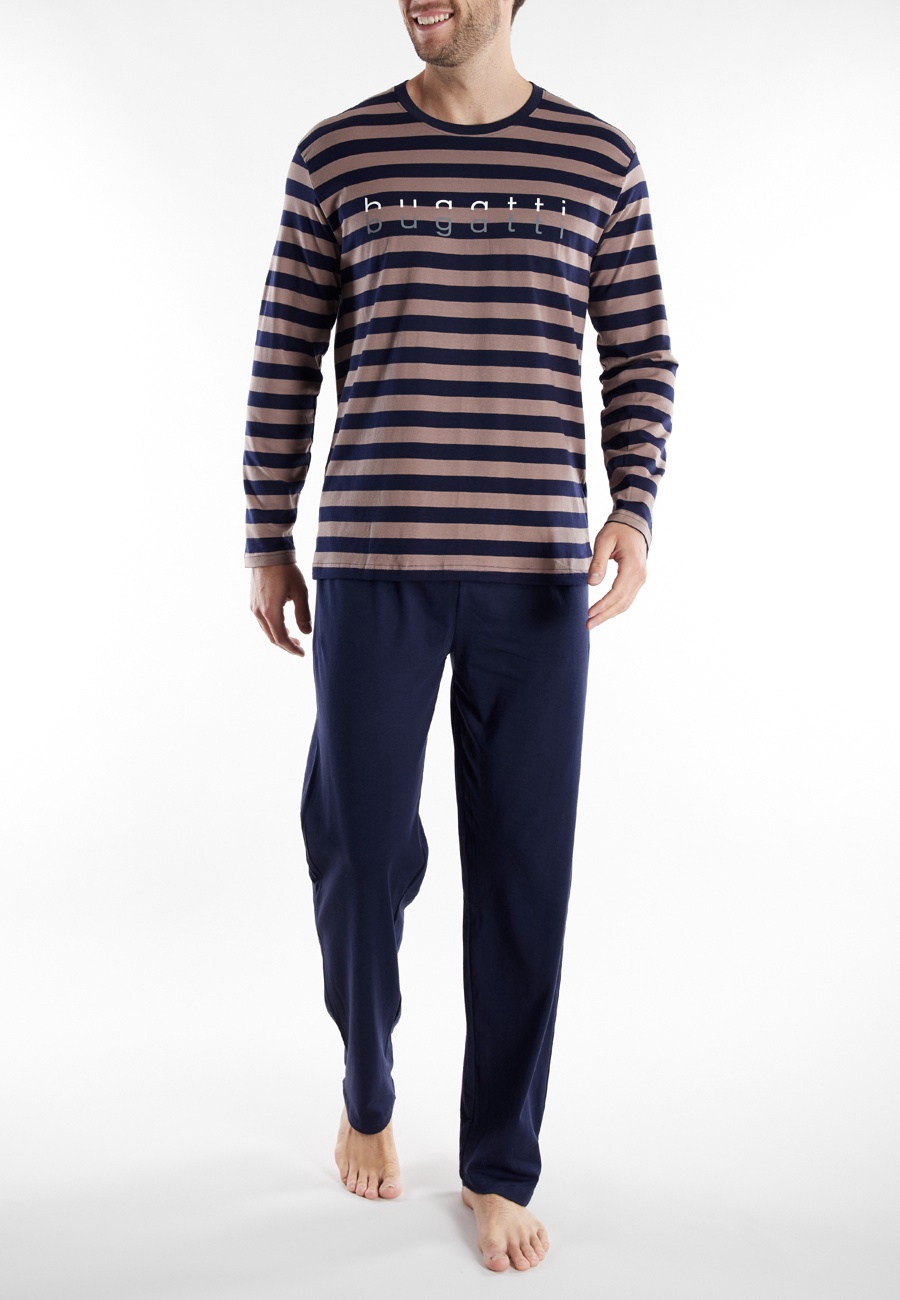 BUGATTI Herren Pyjama braun quergestreift