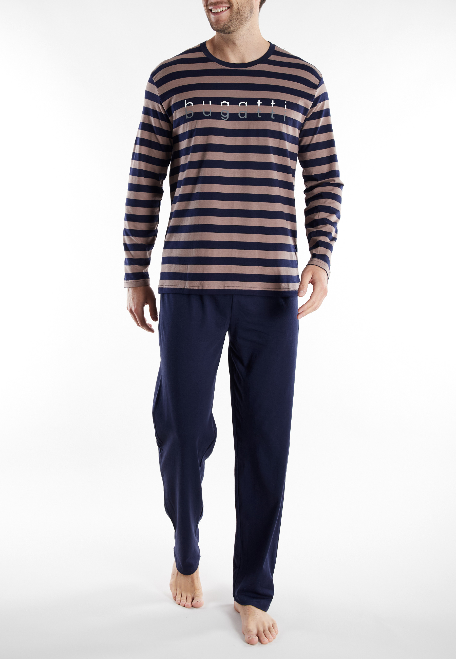 BUGATTI Herren Pyjama braun quergestreift
