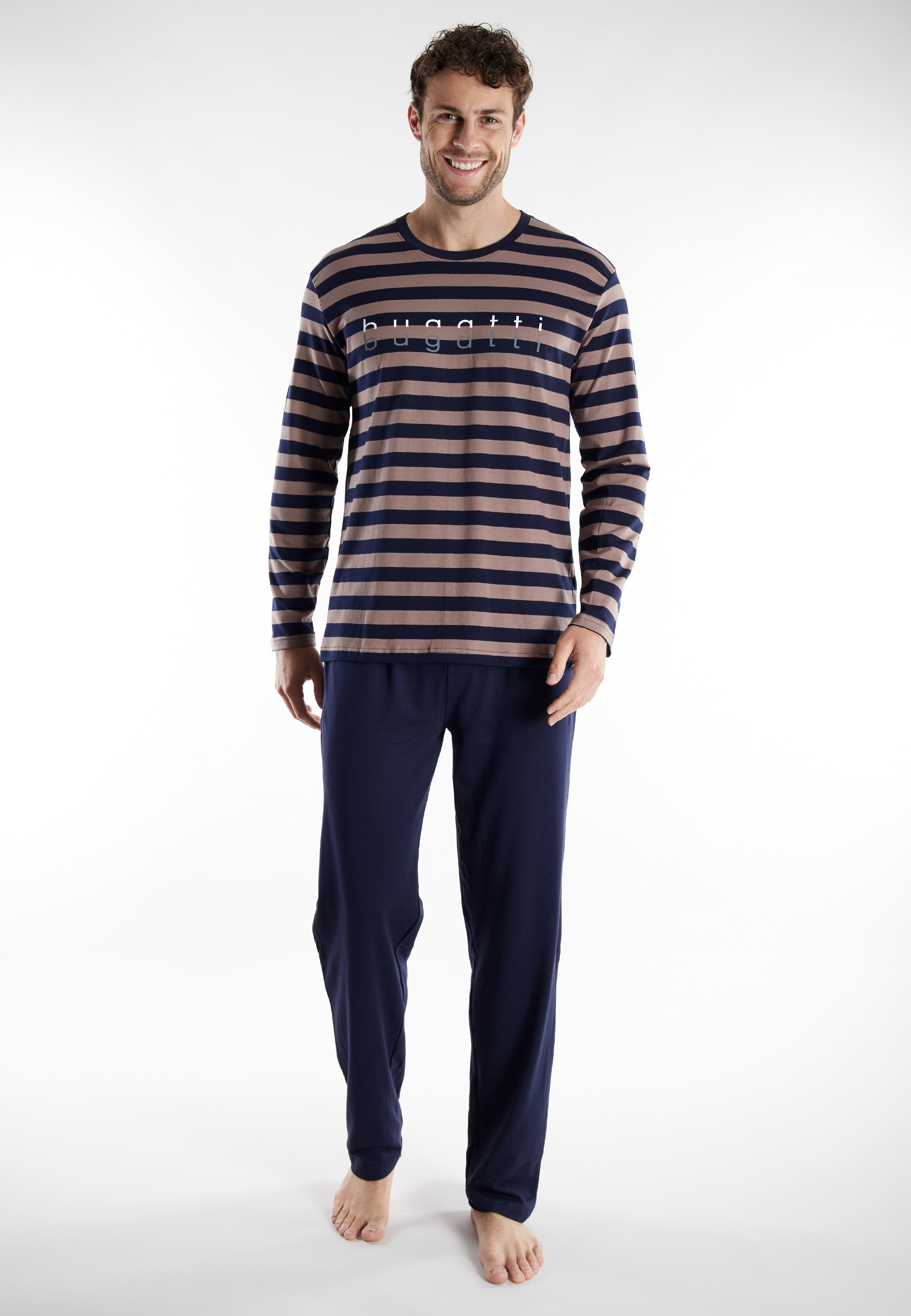 BUGATTI Herren Pyjama braun quergestreift