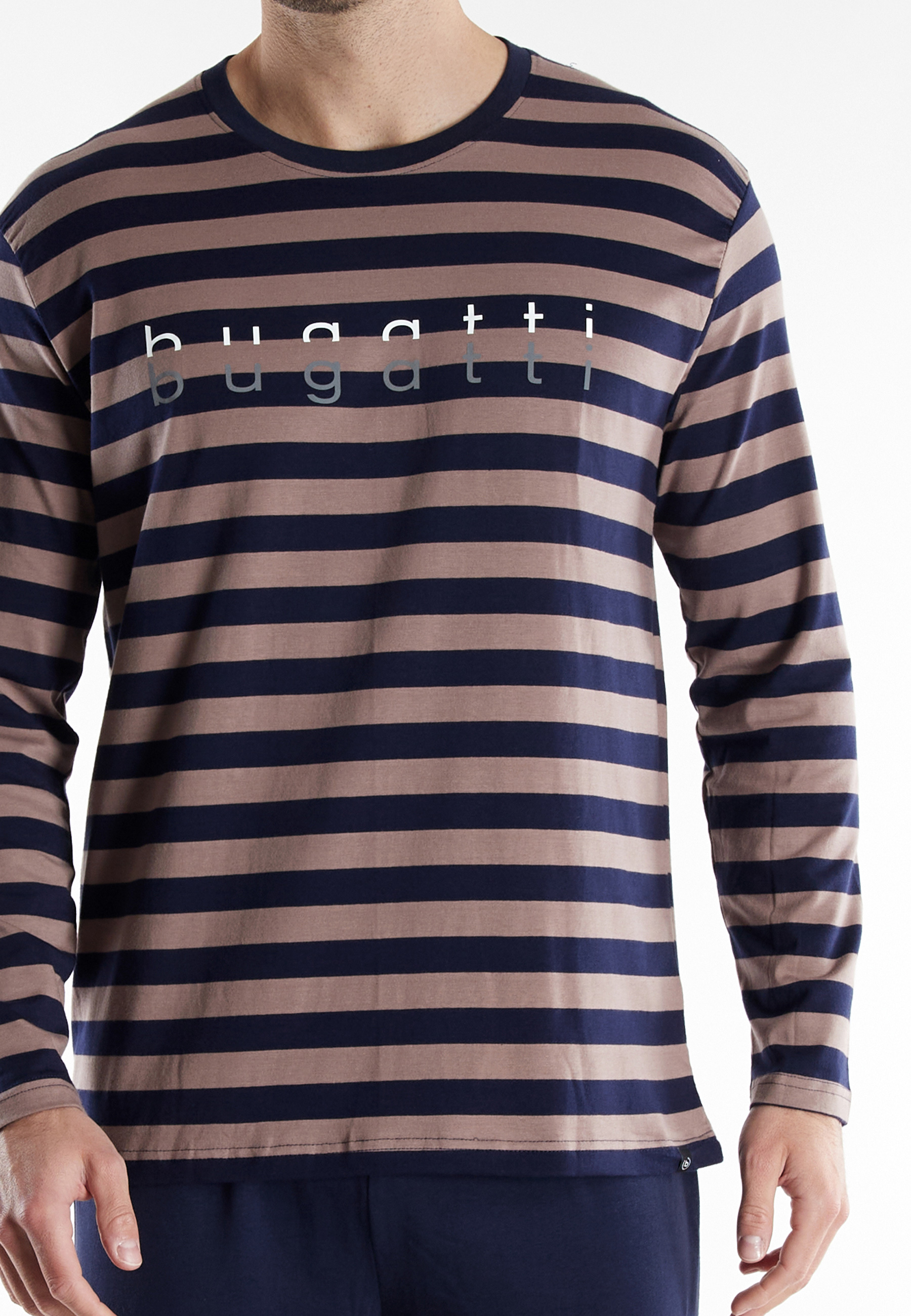 BUGATTI Herren Pyjama braun quergestreift