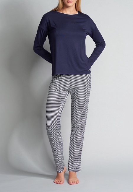 Damen Pyjama blau quergestreift