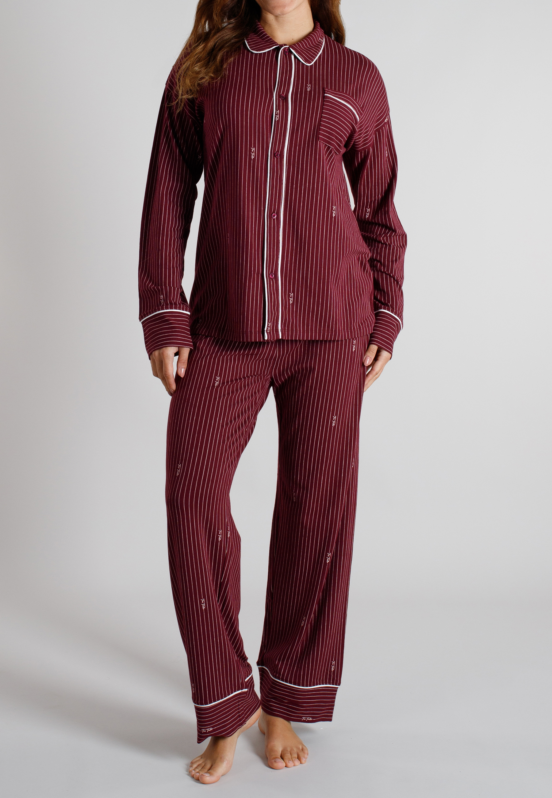 TOM TAILOR Damen Pyjama rot längsgestreift