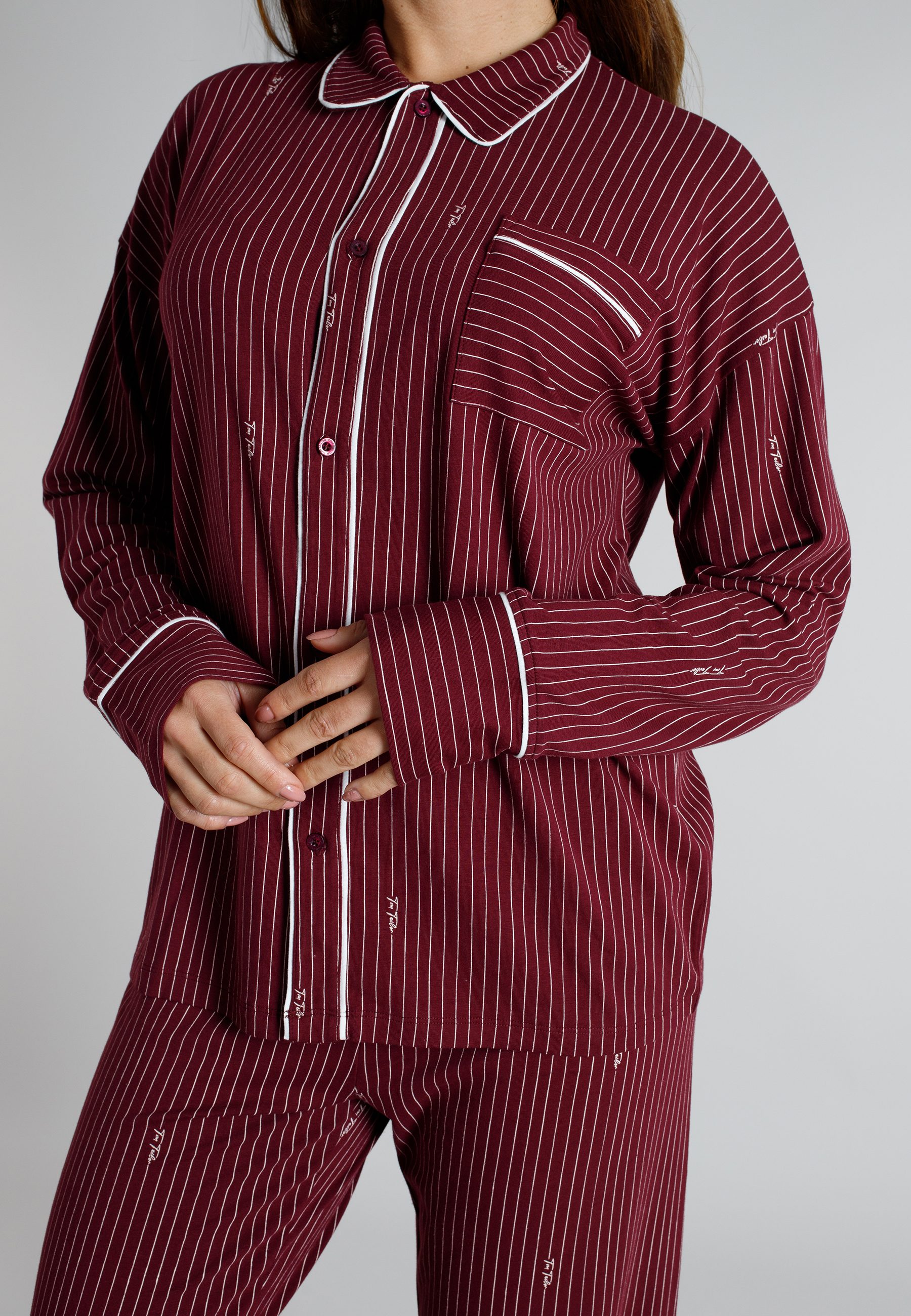 TOM TAILOR Damen Pyjama rot längsgestreift